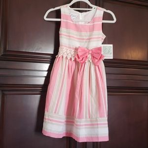 Peachy pink and cream girls striped lined dress